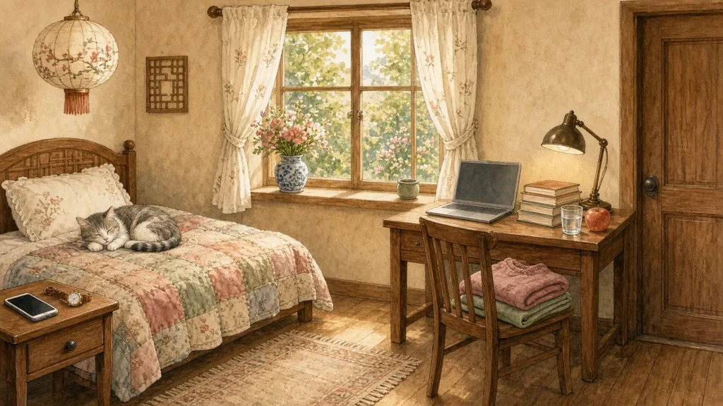 Illustrated Chinese bedroom with window, cat, flowers, cup and more