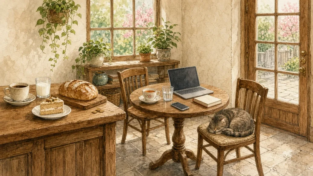 Illustrated Chinese café with door, coffee, milk, bread and more