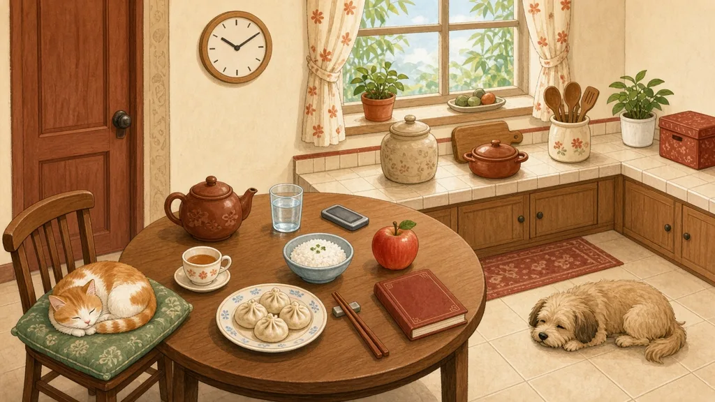 Illustrated Chinese kitchen with a cat, dog, teapot, rice, buns and more