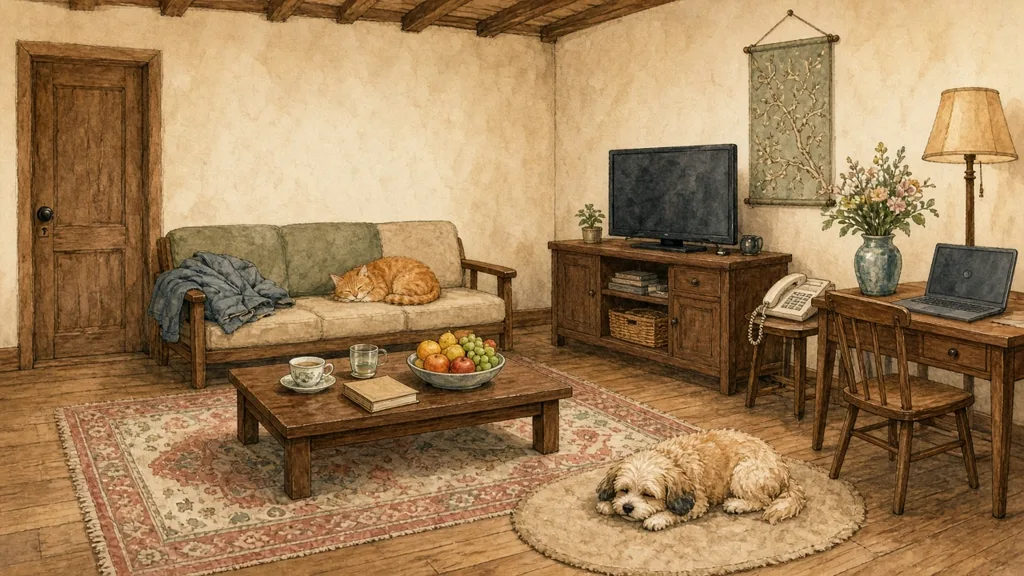 Illustrated Chinese living room with clothes, cat, tea, cup / glass and more