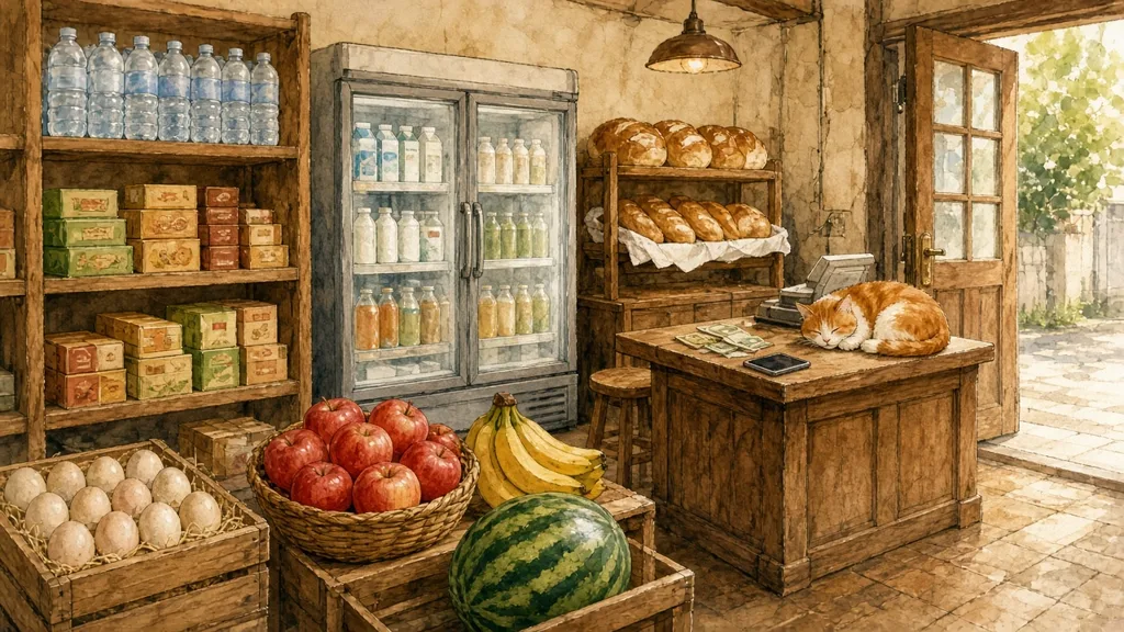 Illustrated Chinese shop with bread, eggs, apples, bananas and more